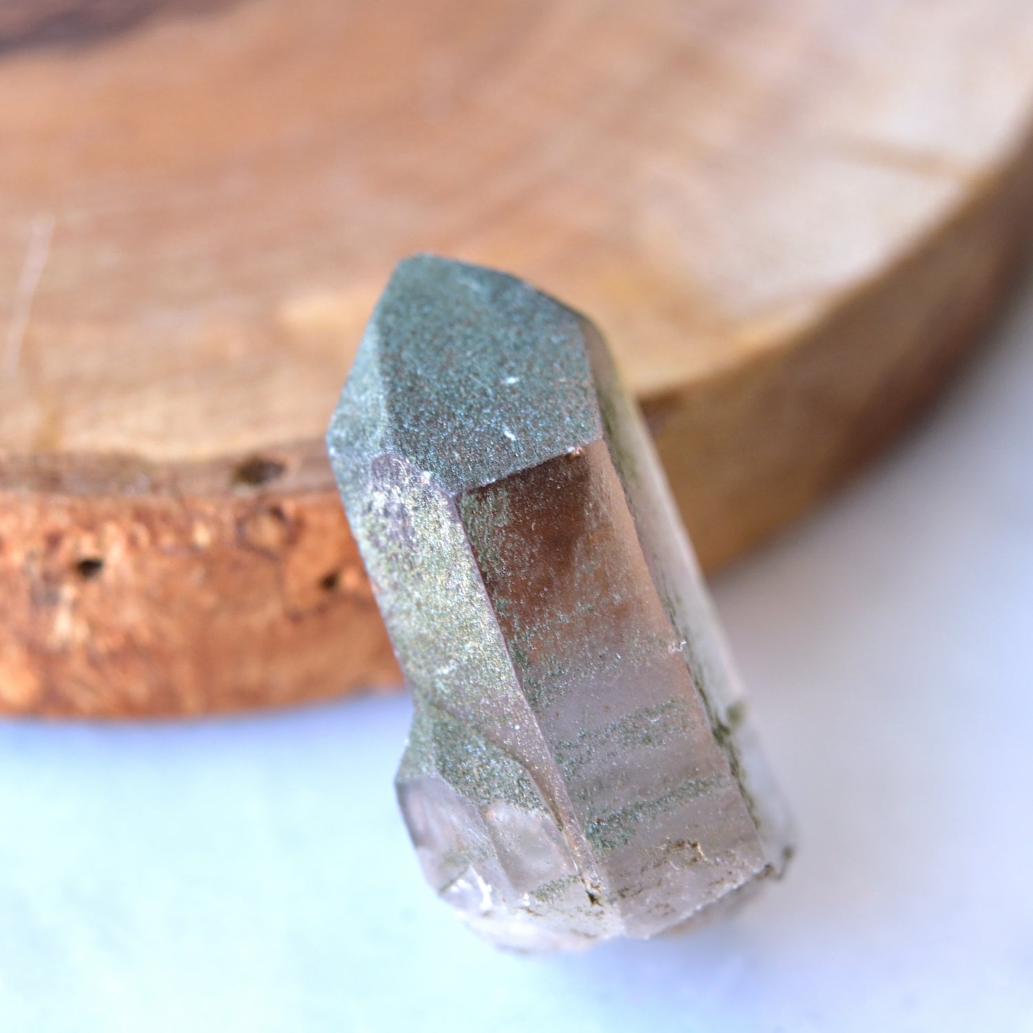 スモーキークォーツ　アルプス水晶　ドフィーネ式双晶　クローライト　未来へ　フランス・モンブラン産　8g